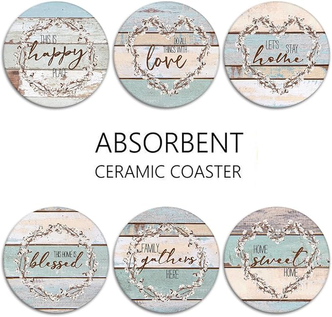 Coasters for Drinks, Ceramic Stone Vintage Blessed Love | Farmhouse Absorbent - Image 6