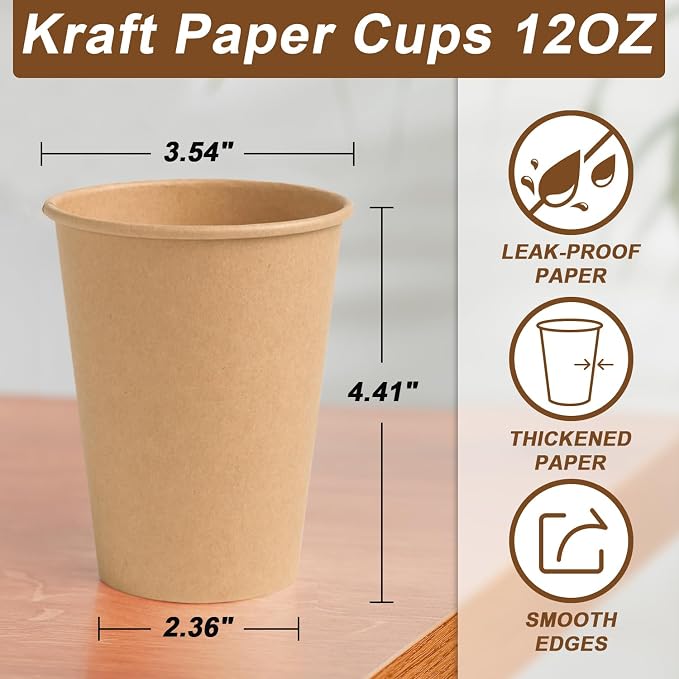 BYSNOW 300 Pack 12 oz Kraft Paper Cups, Disposable Coffee Hot Water Cups | - Image 2