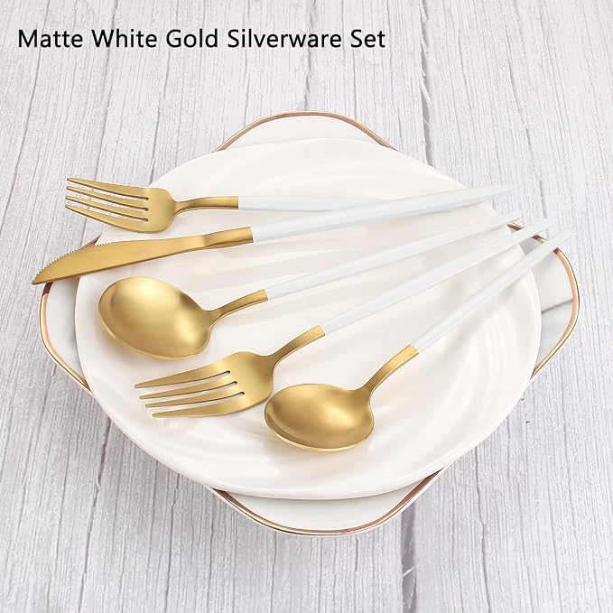 VANVRO Matte White Gold Silverware Set, 40-Piece Stainless Steel Flatware Set - Image 3