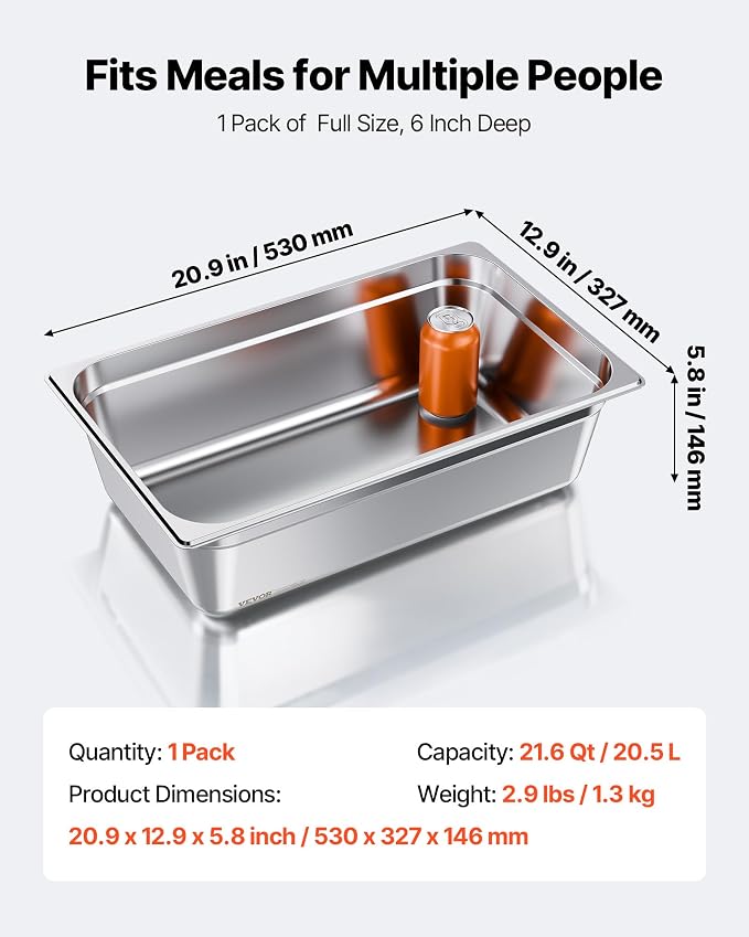 VEVOR Full Size Stainless Steam Hotel Pan, 6 Inch Deep 20.87 x 12.87 inch Table - Image 3