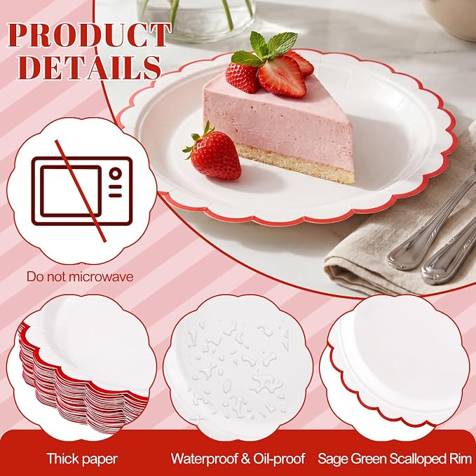 NatNarr 30 Pcs Red Paper Plates 9" Scalloped Red White Party Plates | Cute - Image 3