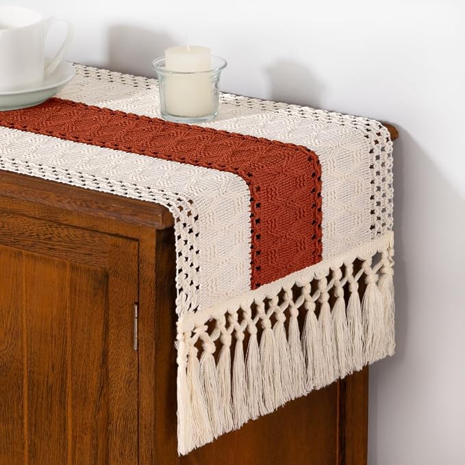 DeZerlor Boho Macrame Table Runner Terracotta Farmhouse Woven Small Table Runner - Image 4