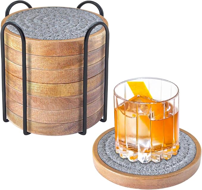 Eykao Wood Coasters for Drinks, Absorbent Coaster Sets of 8, Woven Drink by Eykao