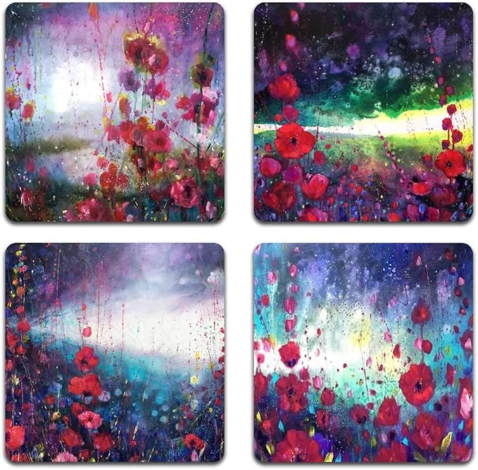 Watercolor Red Flowers Square Coaster Set-Made of Recycled Rubber-Set of 4 by QJ+CMJ
