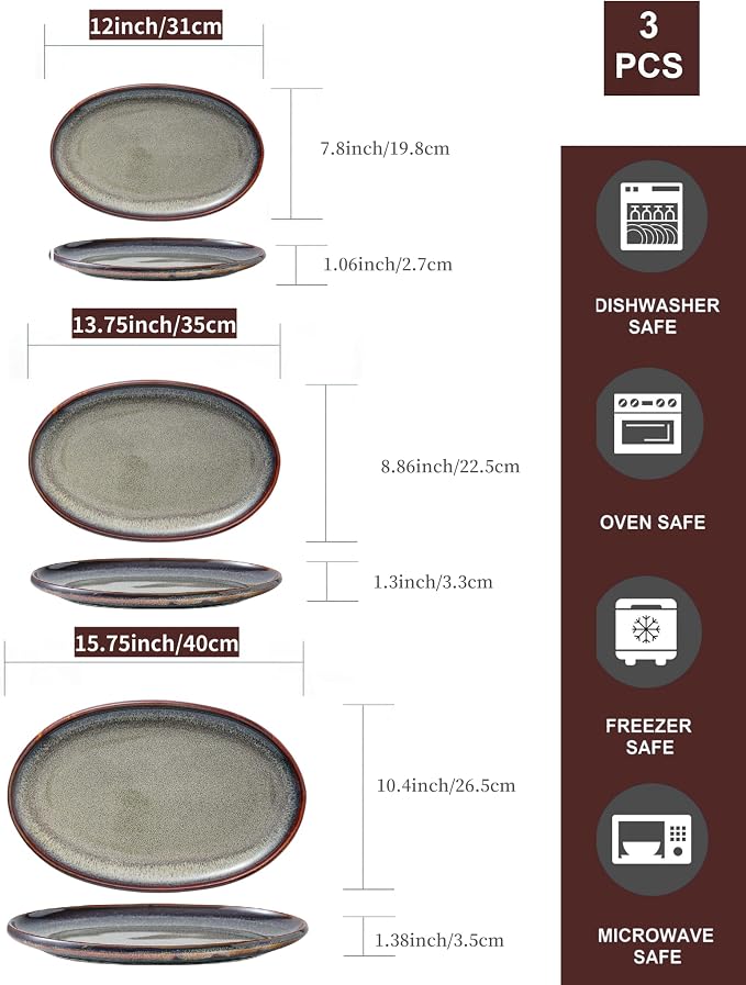 Ceramic Large Serving Platters- Set of 3 Oval Platters - Image 2