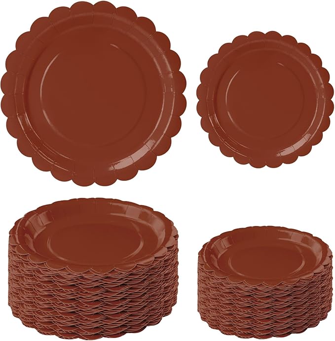 50 Pcs Brown Scalloped Paper Plates 25 × 7'' and 25 × 9'' Disposable Brown by FALIZIFU