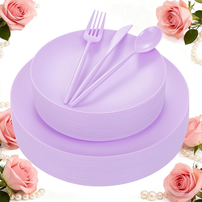 EI 150pcs Purple Plastic Plates by Ejonirinjonir