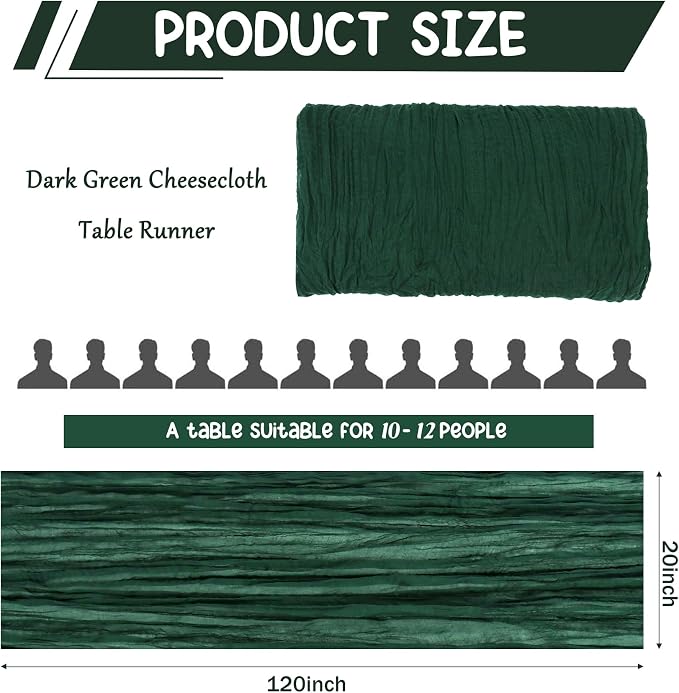 10 Pack Dark Green Cheesecloth Table Runner 10FT Boho Gauze Fabric Table Runner - Image 2