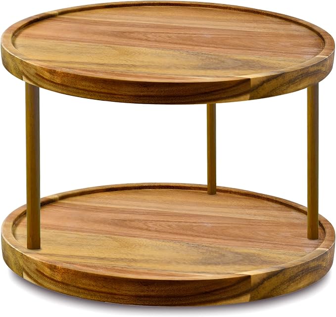 10" Two-Tier Acacia Wood Lazy Susan Organizer Kitchen Turntable by AUAM