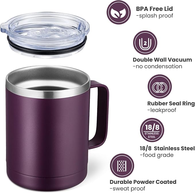 MEWAY 12oz Coffee Mug With Handle and Sliding Lid, Stainless Steel Travel - Image 3