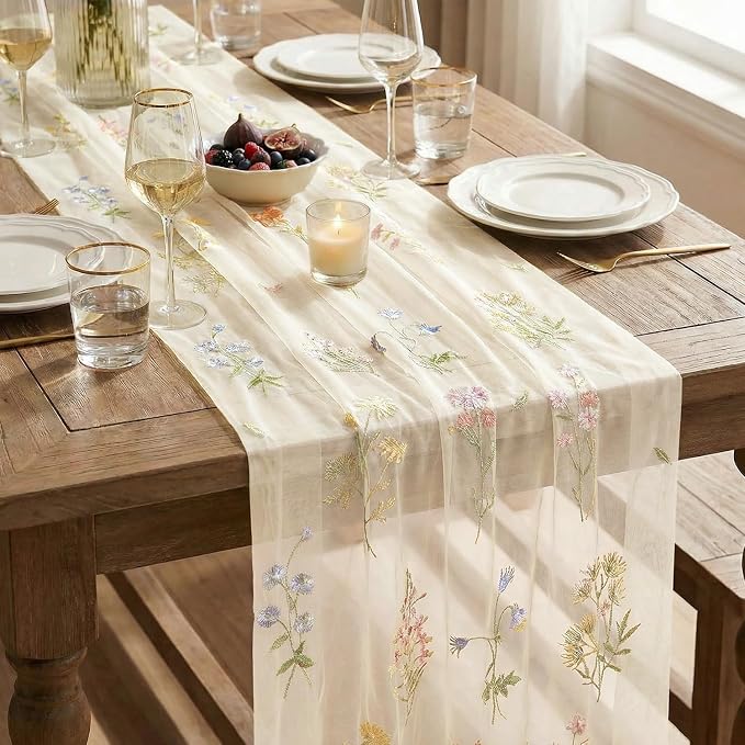 Artoid Mode 6PC Wildflower Floral Beige Apricot Gauze Embroidery Table Runner - Image 7