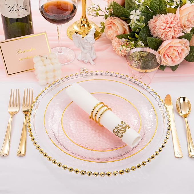 Rubtlamp 175 Pcs Pink Plastic Plates Dinnerware Set, Hammered Party Platos Set - Image 3