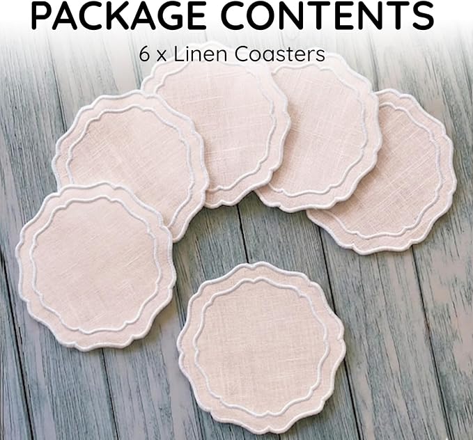 Linen Coasters for Drinks, 4.5 inch, Scalloped Edge, Reusable Handmade Coffee - Image 2