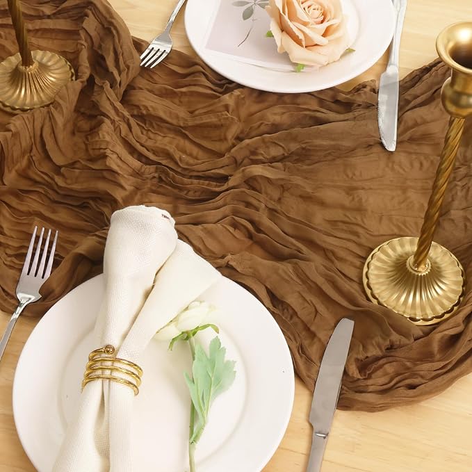 3 Pack Light Brown Cheesecloth Table Runner 120 Inch Boho Wedding Decor | - Image 5