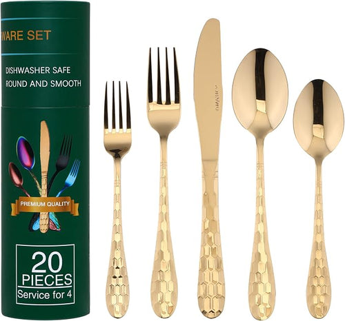 20 Piece Silverware Set for 4, Hammered Silverware Set 18/10 Stainless Steel by AJIEVWU-BESTFORYOU