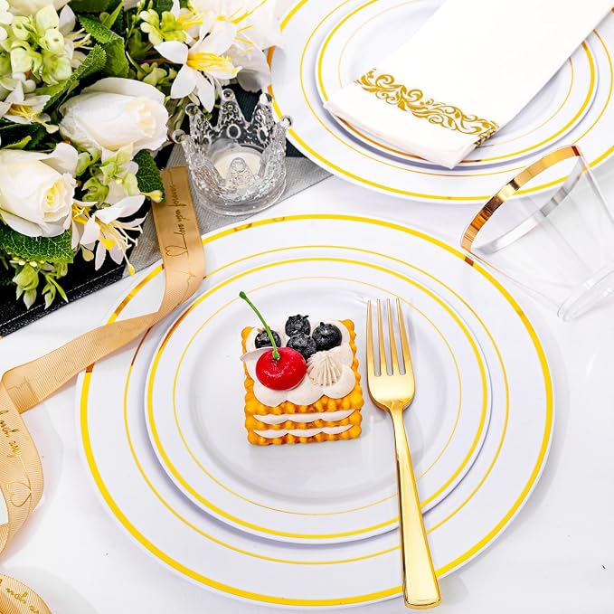 60 Pcs Gold Plastic Plates, Premium Disposable Gold Plates | Gold Rimmed - Image 2