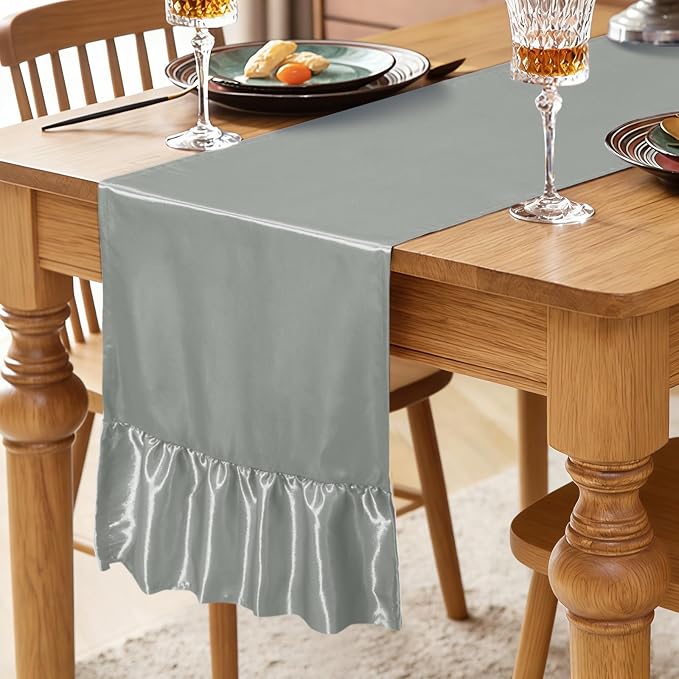 2 Pack Grey Satin Table Runner 12 x 108 Inch | Ruffle Design, Luxurious Dining - Image 2