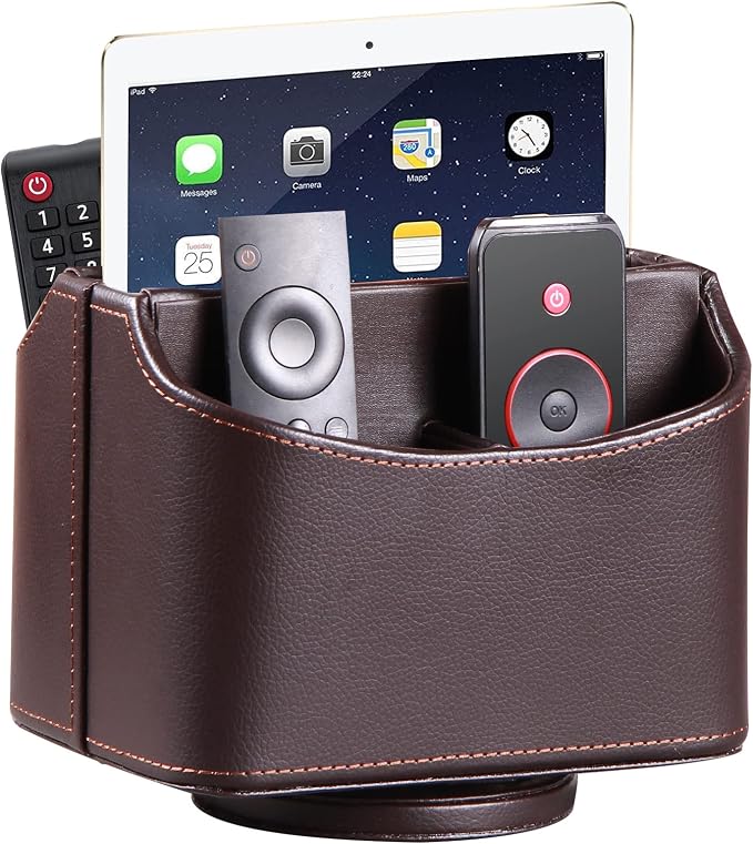 PU Leather Remote Control Holder, 360 Degree Spinning Desk TV Remote Caddy by Arniche