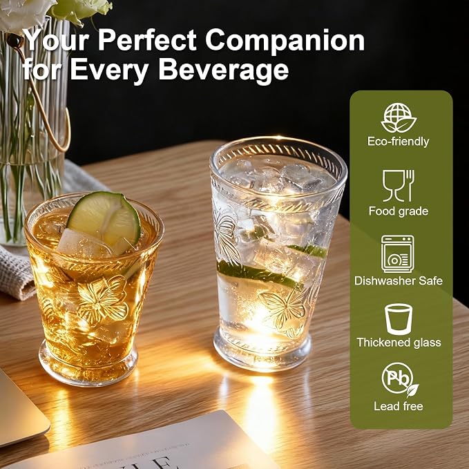 2 Pack Embossed Vintage Mixed Drinking Glasses, 12 Oz & 9 Oz Glasses | Embossed - Image 4