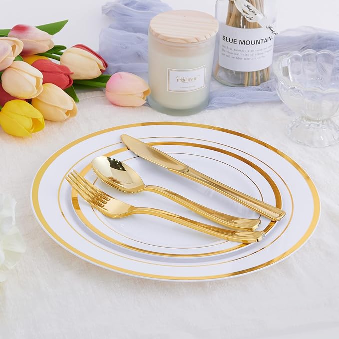25 Guests Plastic Plates Set Gold Disposable Dinnerware Set | Include 25 Pc 10" - Image 4
