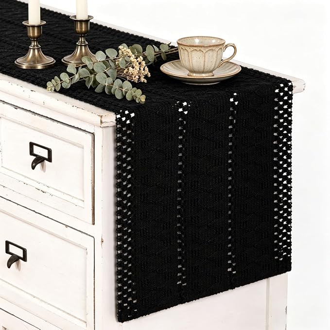 Black Boho Table Runner Farmhouse Macrame Woven Table Runner 12x90 Inch | Small by MLMC