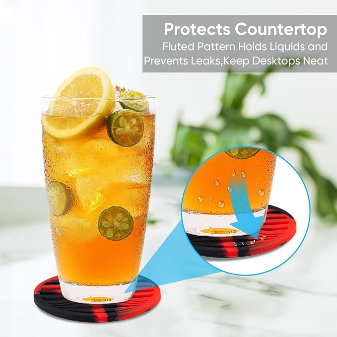 6 Pack Drink Coasters with Holder Non-Slip Rubber Coaster Silicone Cups Mat | - Image 4