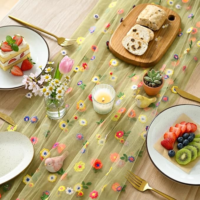 Artoid Mode Green Embroidery Daisy Gauze Table Runner 59x120 Inch 10FT | - Image 3