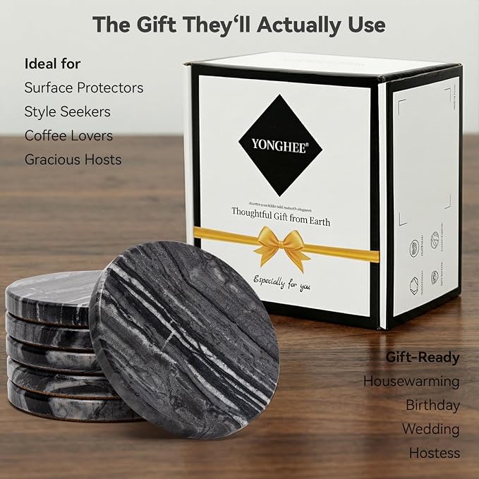 Black Marble Coasters Set of 6, Elegant Black & Dark Gray Coasters - Image 6