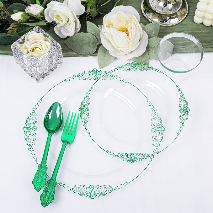 175 Pcs Clear Green Plates for Party | Green Party Plates Set for 25 Guests - Image 7