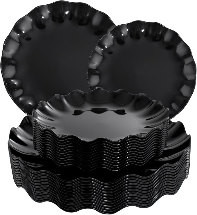 LIYH 24 Pcs Black Reusable Plastic Plates – Unbreakable Camper Dishes, by LIYHLoveinyourheart