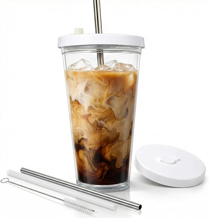 Reusable Iced Coffee Cup with Lid and Straw, 16 oz/Grande, BPA-Free Double-Wall by KensalHome
