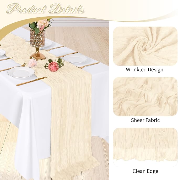 3 Pack Ivory Cheesecloth Table Runner, 17 x 108 inch, Semi Sheer Boho Cheese - Image 4