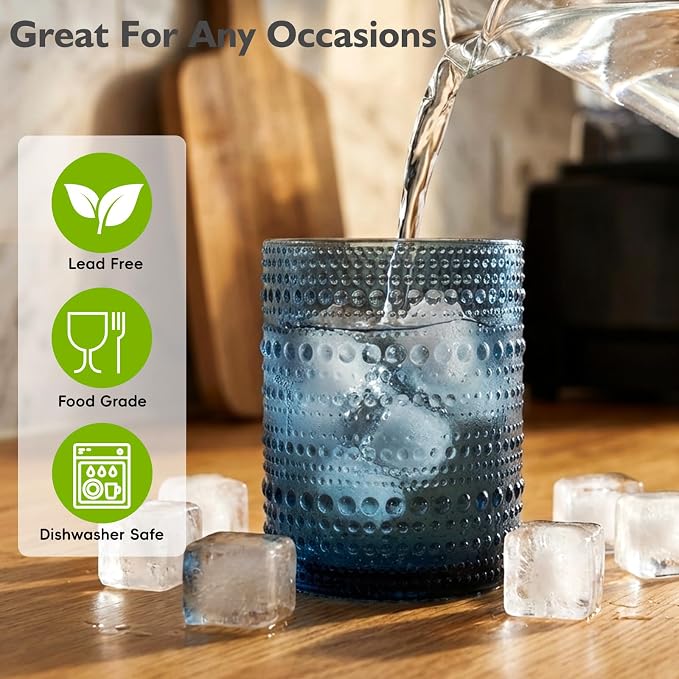 Moretoes 10oz Blue Hobnail Drinking Glasses Set of 6 Cocktail Glasses | Vintage - Image 4