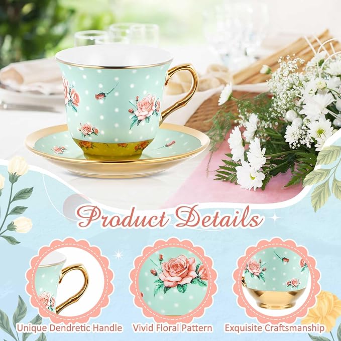 Teenyyou Set of 12 Tea Cups and Saucers Tea Party Decorations Floral Porcelain - Image 7