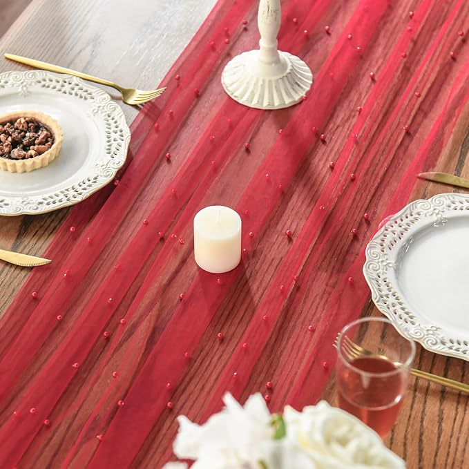 Artoid Mode 6PCS Pearl Red Gauze Table Runner 120 Inch 10FT, Seasonal Sheer - Image 3