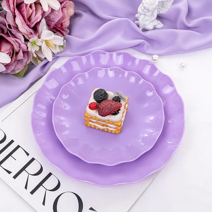 LIYH 24pcs Purple Plastic Plates Reusable, Unbreakable Dinner Plates, Scalloped - Image 6