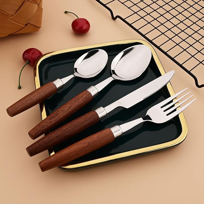 16-Piece Wooden Handle Silverware Set, BRIIEC 304 Stainless Steel Flatware Set - Image 2
