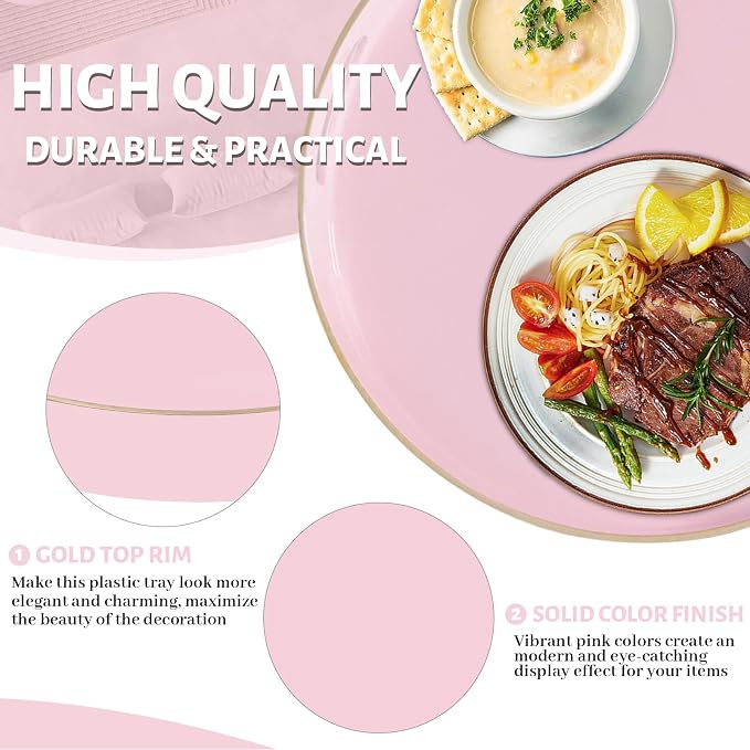 13" Pink Decorative Tray, Plastic Round Serving Tray - Image 4