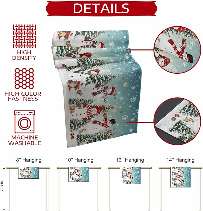 Teal Christmas Snowman Table Runner 90 Inches Long, Xmas Trees Snowflake Table - Image 7