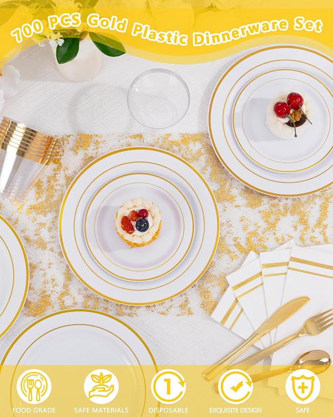 GATHER 700PCS Gold Plastic Plates 100 Guest - Image 4