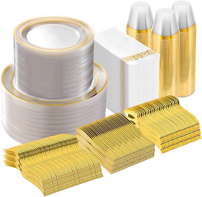 700 Pieces Clear Gold Disposable Dinnerware Set by GoodLuck