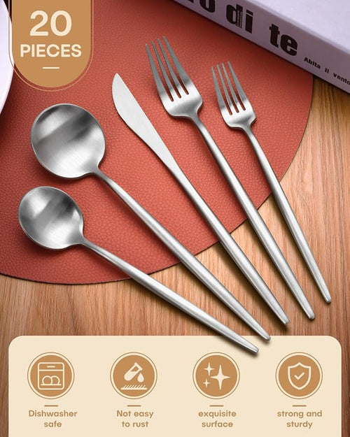 20 Pieces Silverware Set, Ollex Matte Flatware Set - Image 2