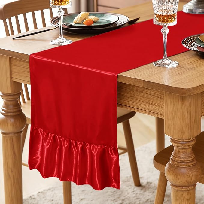 2 Pack Red Satin Table Runner 12 x 72 Inch | Ruffle Design, Luxurious Dining - Image 2