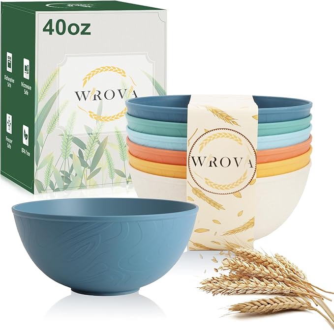 Wheat Straw Bowls for Kitchen set of 6, Anti-Scald Thick Soup Bowls 40oz by WROVA