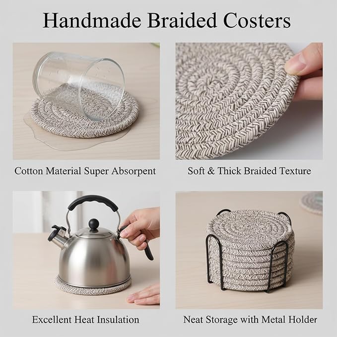 Drink Coasters Set of 8 with Holder, Cotton Woven | Absorbent cotton woven - Image 5