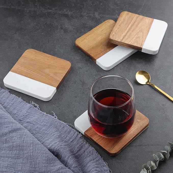 Acacia Wood Marble Coasters for Drinks Set of 4, Square Non-Slip Wooden Stone - Image 3