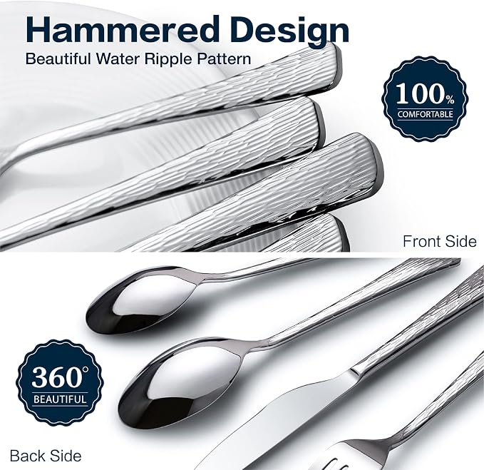 Silverware Set for 12, 60 Piece Flatware Set, 18/10 Stainless Steel | Hammered - Image 4