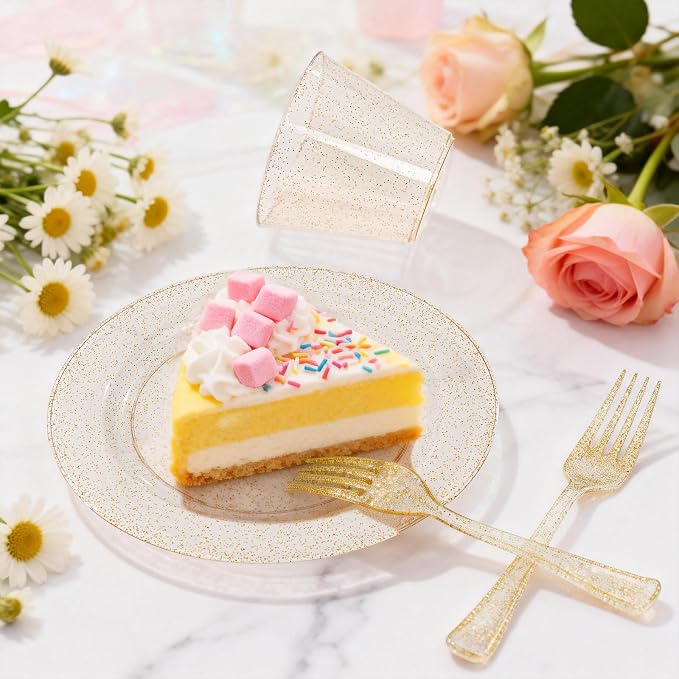 WELLIFE Gold Glitter Plastic Plates, 50 cups and 50 forks - Image 3