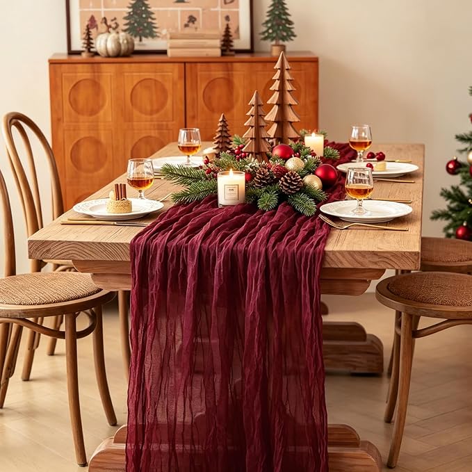 3Pcs Burgundy Table Runner, 10FT Boho Rustic Burgundy Maroon Table Runner - Image 6