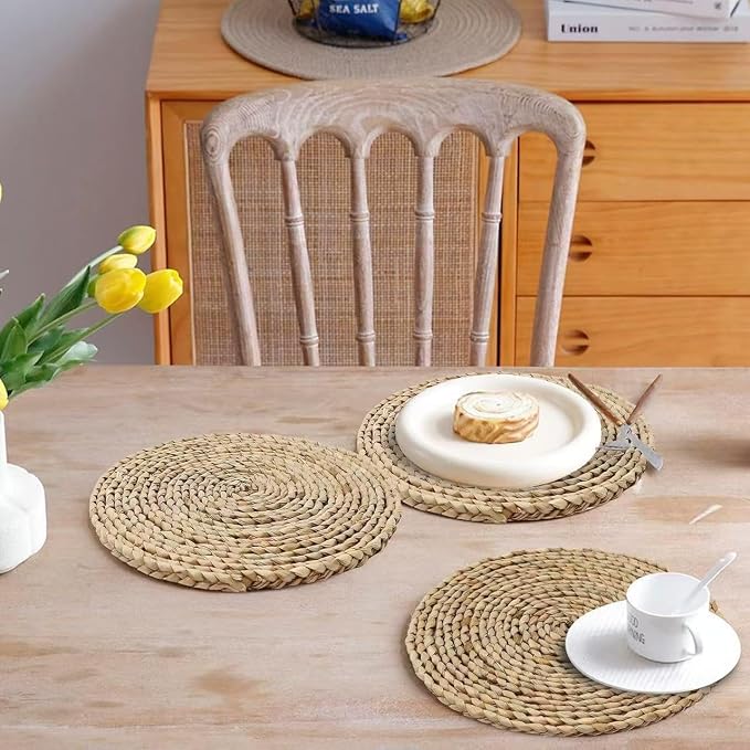 6Pcs 12" Round Woven Rattan Placemats, Natural Hand-Woven Water Hyacinth - Image 4